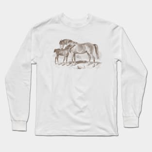 A Foal with Mare - Horses Vintage Illustration Long Sleeve T-Shirt